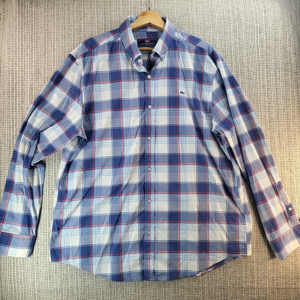 Vineyard Vines Shirt Mens XL‎ Blue White Plaid Whale Shirt Button Down Stretch